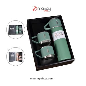 3 in 1 vacuum insulated thermal flask set with matching cups for hot and cold beverages.