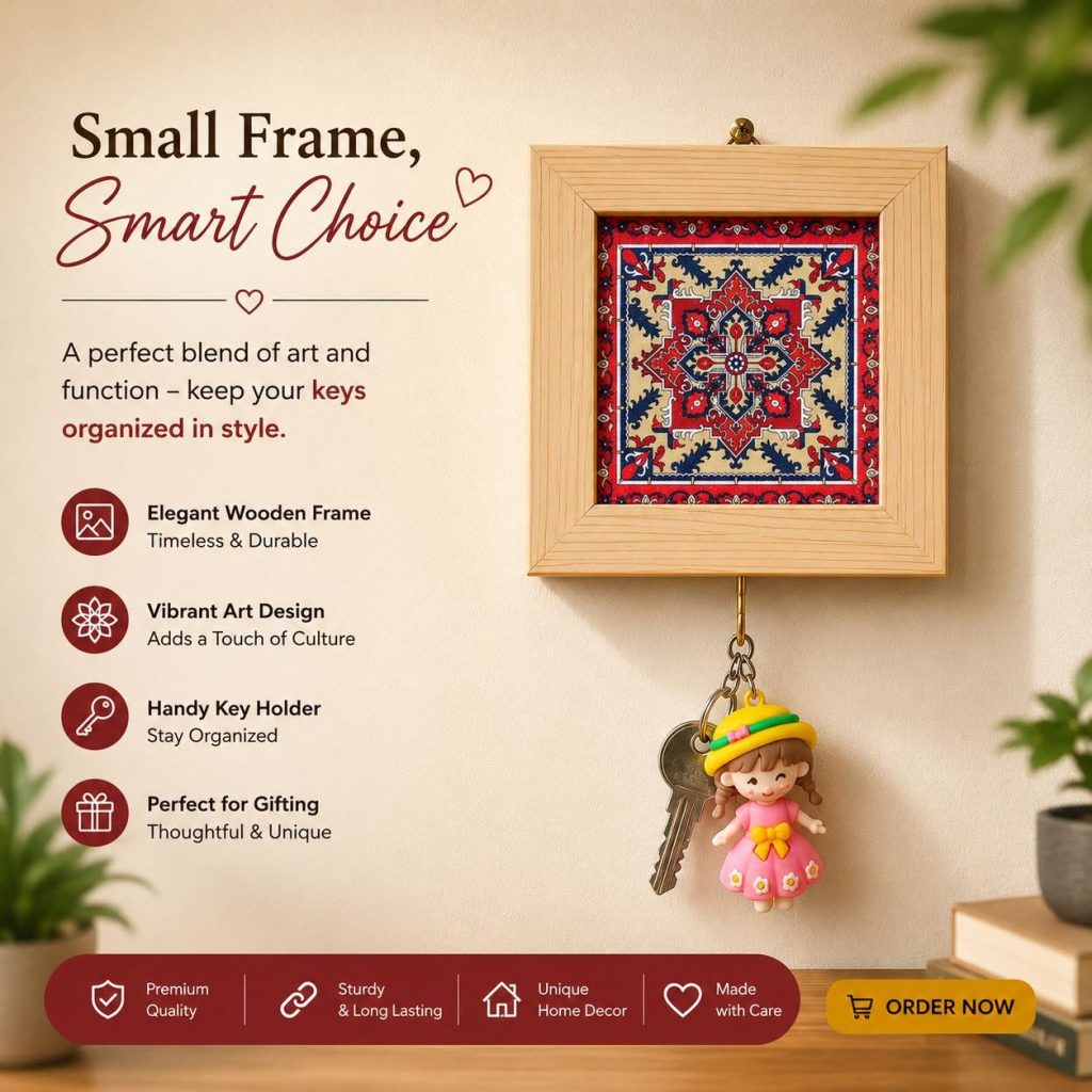 Decorative wooden key holder frame with artistic design, wall mounted key organizer for home entrance and living room.