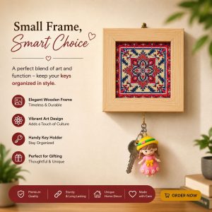 Decorative wooden key holder frame with artistic design, wall mounted key organizer for home entrance and living room.
