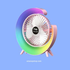 Mini portable rechargeable fan with 5 colorful LED light modes, lightweight handheld fan for desk, study table and room decor.