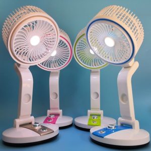 Rechargeable folding table fan with LED lights, portable foldable desktop fan for home, office, travel and emergency use.