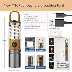 X-10 USB rechargeable camping flashlight with high-power LED light, portable torch for camping, travel and emergency use.